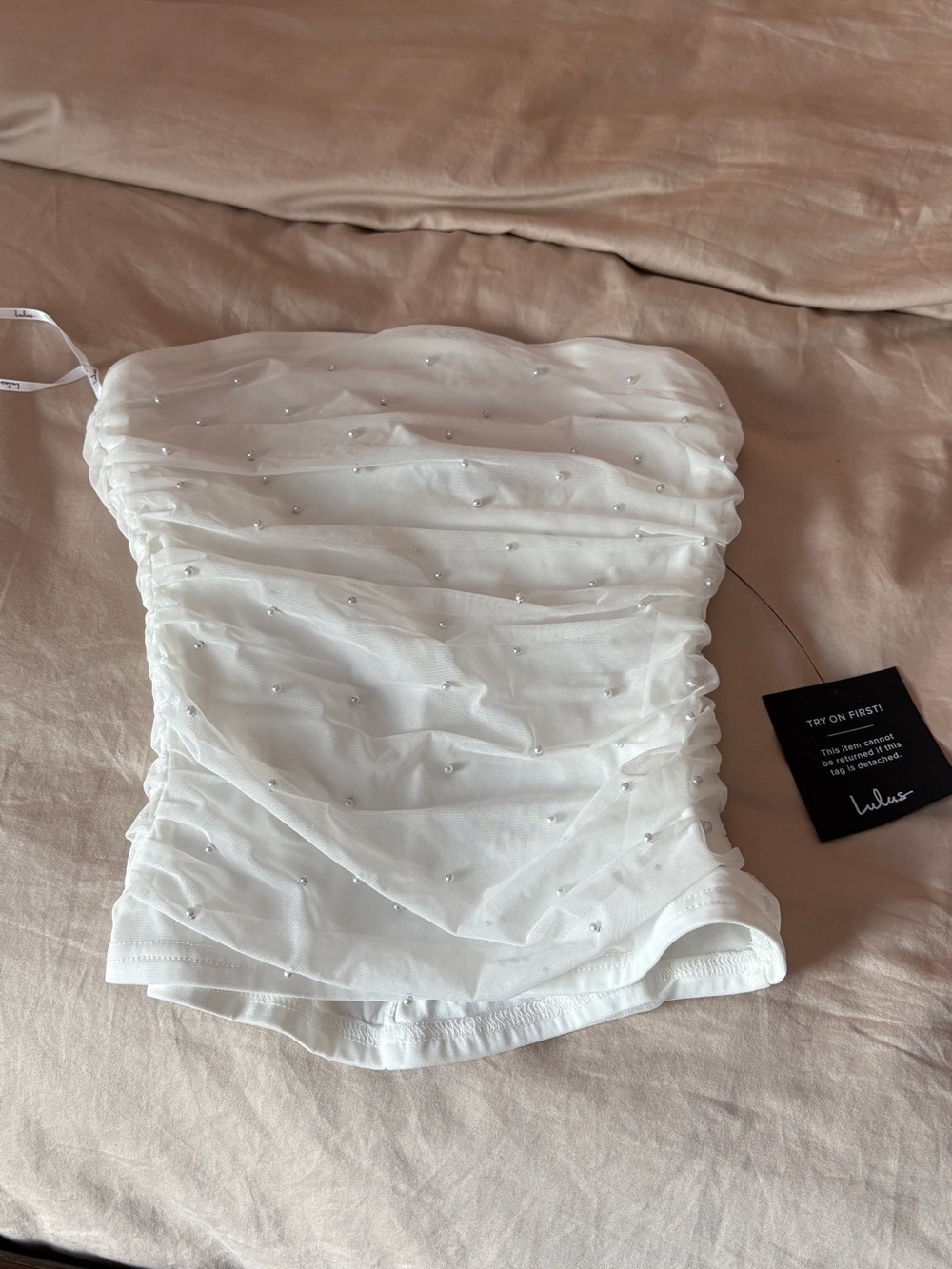 Lulu's White Strapless Pearl-Detail Bustier Top